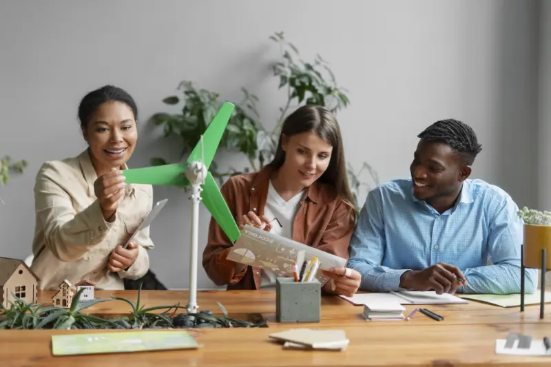 Três jovens profissionais trabalham juntos em um projeto sobre energia renovável, observando uma maquete com turbina eólica. A cena simboliza a importância da inovação e da colaboração para construir uma carreira sustentável na educação, integrando práticas ambientais e pedagógicas.